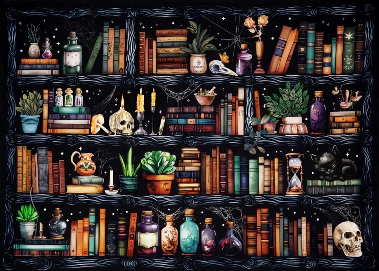 Bookshelf Skull Stamped Cross Stitch Kit – Magical Counted Embroidery Kit for Beginners & Adults | 11CT Needlepoint Arts & Crafts Set (11.8" x 15.8")